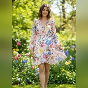 En Saison Floral Long Sleeve Ruffle Wrap Mini Dress - Pastel Garden Party  Small